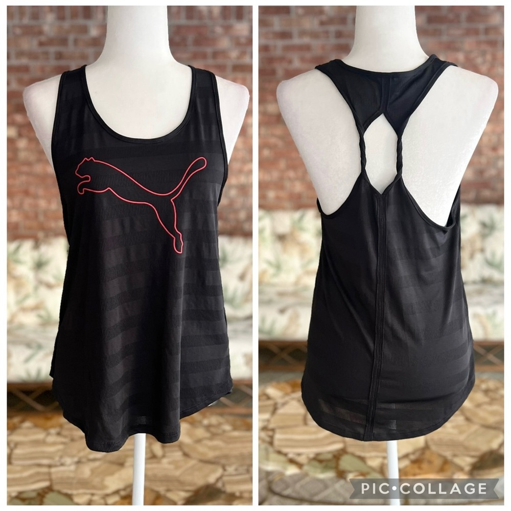 Puma Tank Top Black Striped Twist Back M Gym Workout Running Pilates Athletic